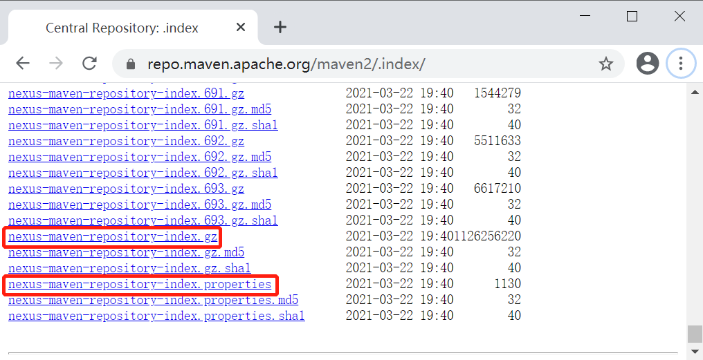 Nexus 中央倉庫離線索引下載列表